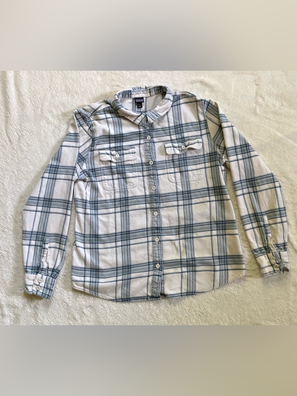 Women’s Patagonia Organic Cotton Plaid Button Up Shirt Blue White Large